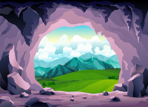 Paisaje de cueva Escena de naturaleza de verano de la entrada de la cueva Ilustración de juego de cueva de roca de mazmorra prehistórica Ilustración vectorial de túnel en montaña o mina en rocas