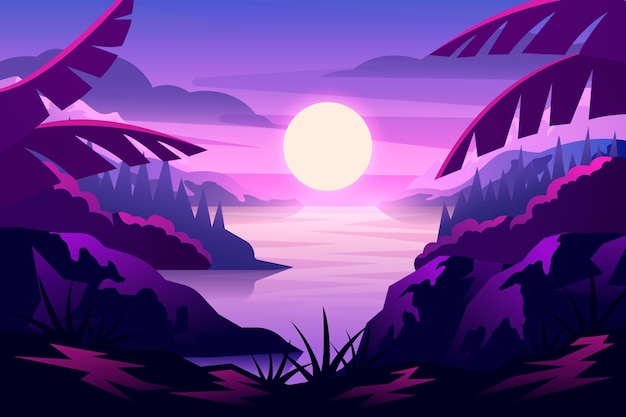 Vector paisaje degradado con puesta de sol