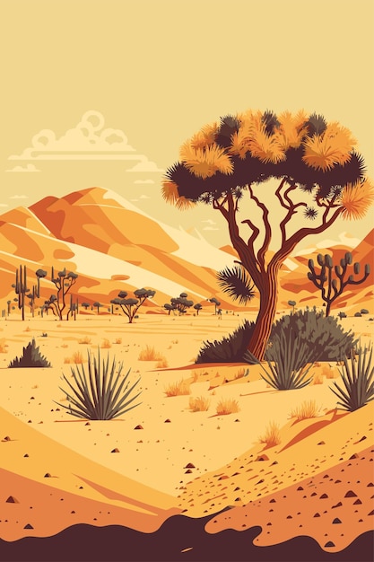Paisaje desértico de arena al atardecer con cactus y montañas vector de color plano
