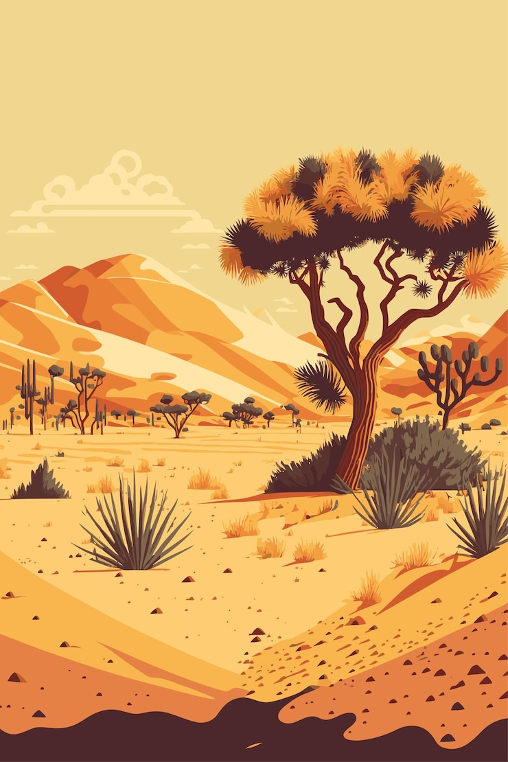 Vector paisaje desértico de arena al atardecer con cactus y montañas vector de color plano