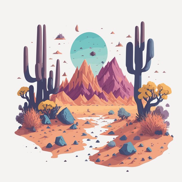 Vector paisaje desértico con cactus y montañas ilustración vectorial