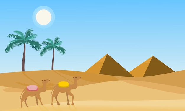 Vector paisaje desértico con camello piramidal y palmera a la luz del día