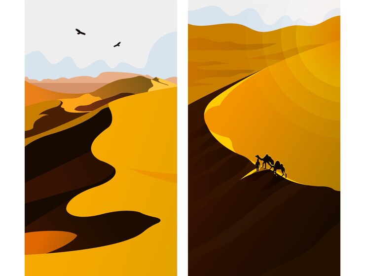 Paisaje desértico con camellos y pájaros