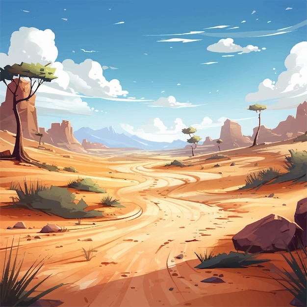 un paisaje desértico con un camino de tierra y un fondo de juego de árboles