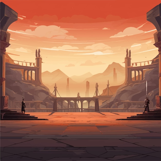 Vector un paisaje desértico con un castillo en ruinas y un fondo de juego de cielo rojo