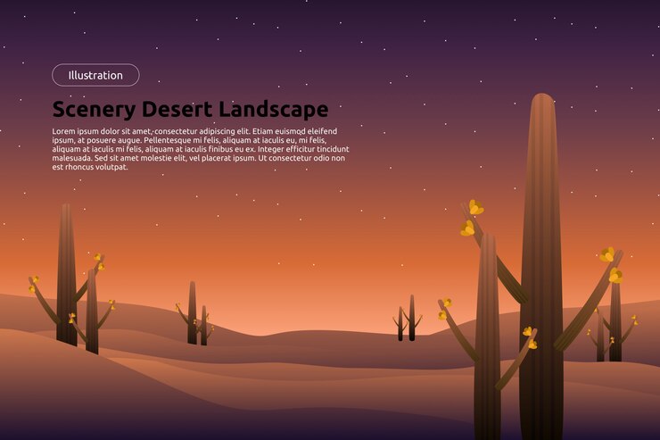 Vector paisaje desértico con cielo estrellado, cactus y fondo de cielo nocturno