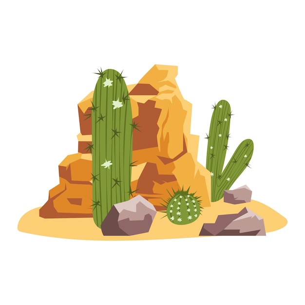 Paisaje desértico en diseño plano Cactus verdes y hierba por rocas y piedras Ilustración vectorial aislada