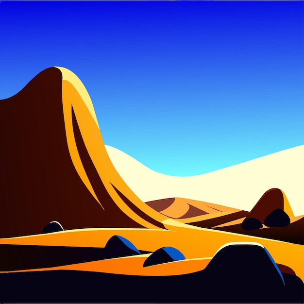 Vector paisaje desértico con dunas de arena dorada y piedras bajo un cielo nublado azul