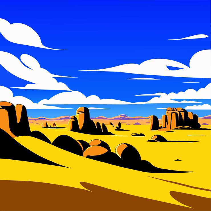 Vector paisaje desértico con dunas de arena dorada y piedras bajo un cielo nublado azul