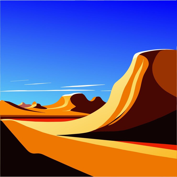 Vector paisaje desértico con dunas de arena dorada y piedras bajo un cielo nublado azul