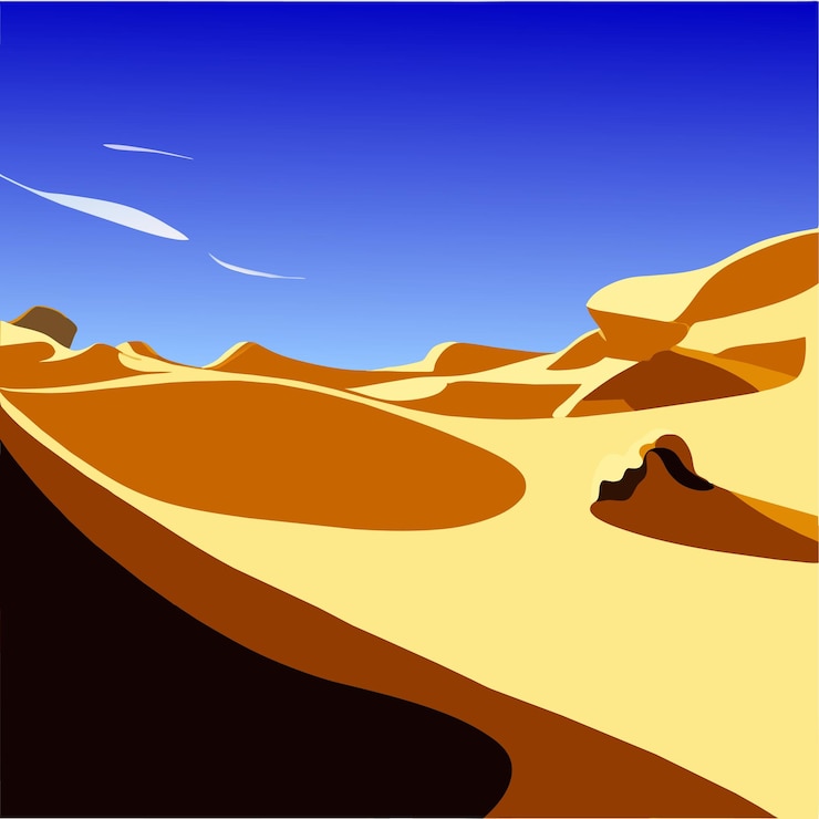 Vector paisaje desértico con dunas de arena dorada y piedras bajo un cielo nublado azul