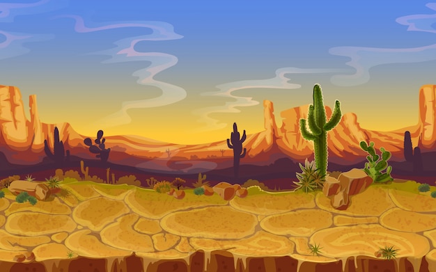 paisaje desértico sin fisuras. Fondo de banner de juego de dibujos animados horizontal