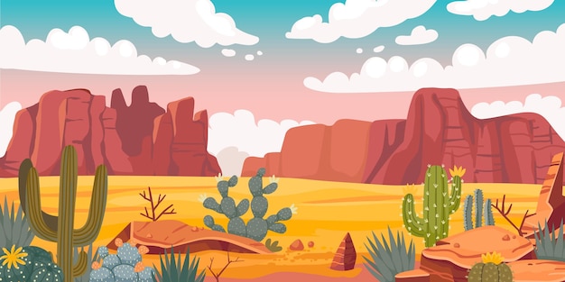 Paisaje desértico horizonte de arena de dibujos animados con rocas cactus y valle de arena vector fondo salvaje desolado