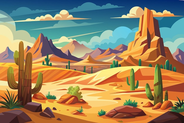 Paisaje desértico con ilustración de fondo de la naturaleza en estilo de dibujos animados