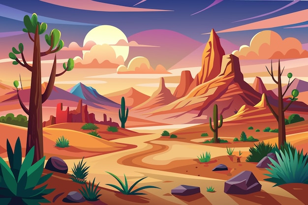 Paisaje desértico con ilustración de fondo de la naturaleza en estilo de dibujos animados