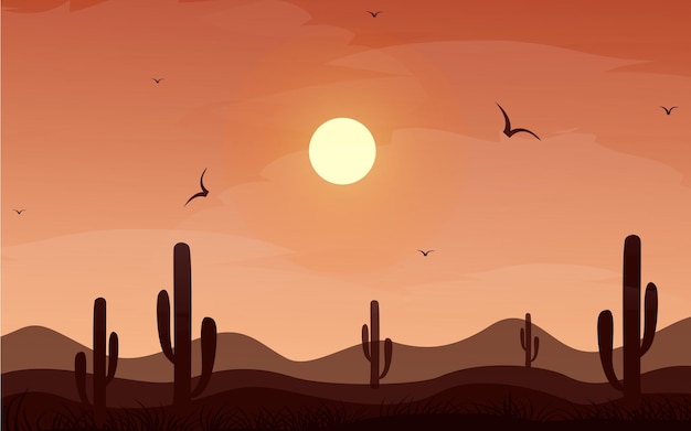 Paisaje desértico con ilustración plana de vector de puesta de sol