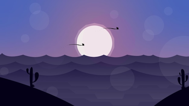 paisaje desértico con pájaros y luna, desierto de paisaje plano en una noche clara con luna llena
