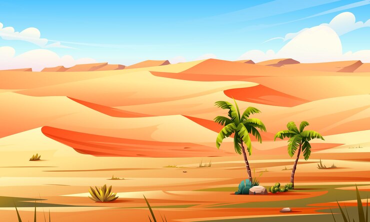 Vector paisaje desértico con palmeras y dunas de arena de fondo bajo un cielo azul dibujos animados vectoriales