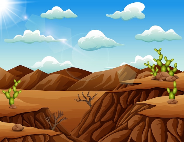 Paisaje desértico de piedra con cactus.