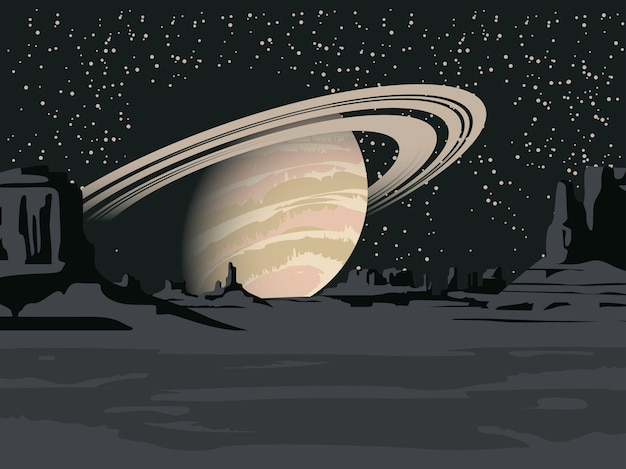 paisaje desértico con el planeta saturno