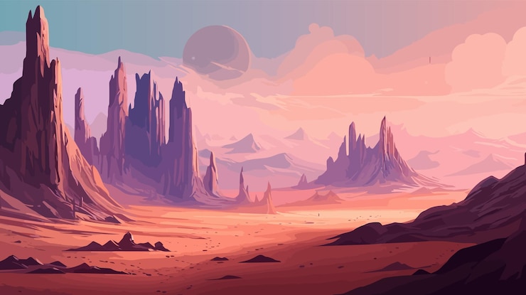 Vector paisaje desértico de rocas y cactus con imponentes mesetas y dibujos animados de cristal reluciente