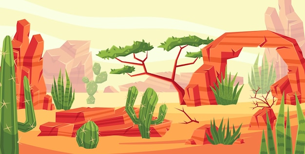 Paisaje desértico con valle de cactus Rocas calientes de dunas del salvaje oeste y ilustración de fondo de vector de escena de cañón mexicano