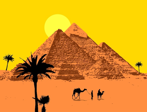 Paisaje desértico de vector libre con pirámides y caravana