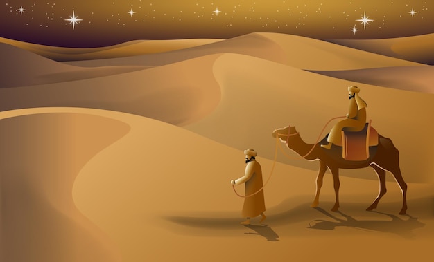 Paisaje del desierto árabe con hombre montando camello y noche estrellada ilustración gráfica