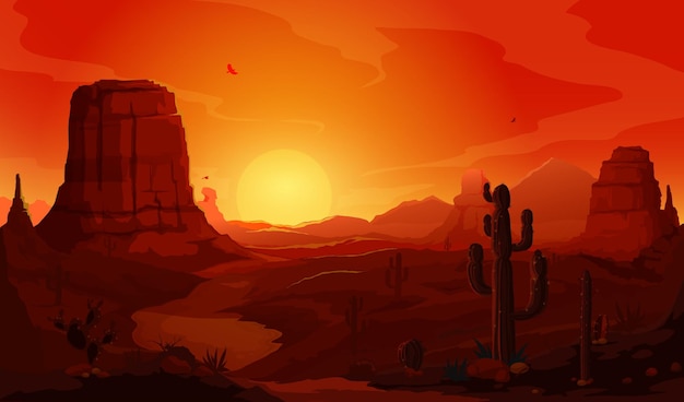 Vector paisaje del desierto mexicano al atardecer con cactus