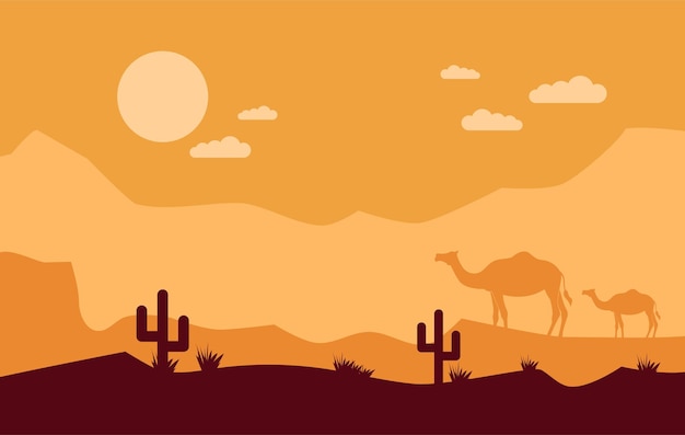 Paisaje del desierto con nubes de sol y camellos fondo de diseño vectorial con árboles de cactus