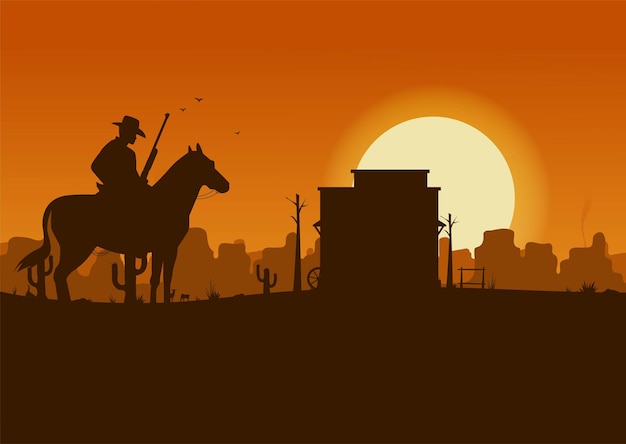 Paisaje del desierto occidental al atardecer con ilustración de vector de silueta de vaquero