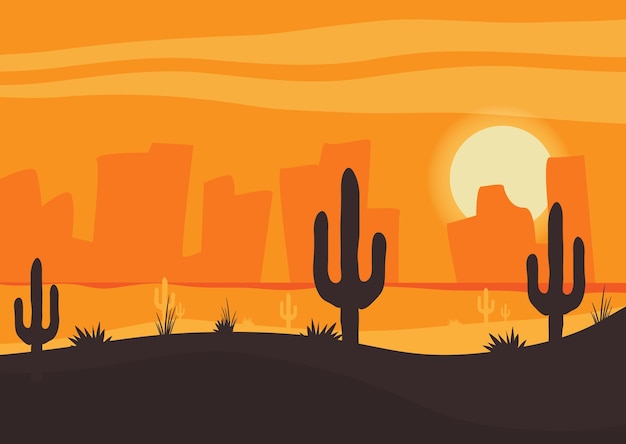 Vector paisaje del desierto occidental en la ilustración de vector de puesta de sol