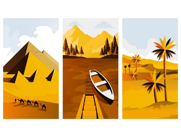Paisaje del desierto Pirámides Barco y palmeras