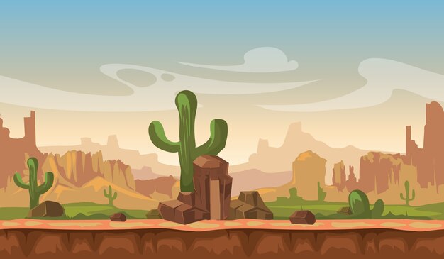 Paisaje del desierto de la pradera de América de la historieta con el cactus, las colinas y las montañas. juego sin vectores atrás