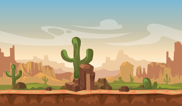 Paisaje del desierto de la pradera de américa de la historieta con el cactus, las colinas y las montañas. juego sin vectores atrás