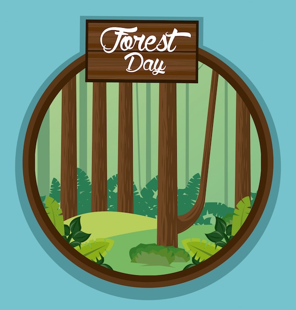 Paisaje del día del bosque con etiqueta de madera en marco circular