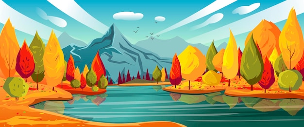 Paisaje de día claro de otoño Póster de árboles marrones verdes amarillos rojos y montaña de río puro en el fondo Nubes grandes y pequeñas pájaros vuelan en el cielo Fondo de pantalla de temporada Ilustración gráfica vectorial