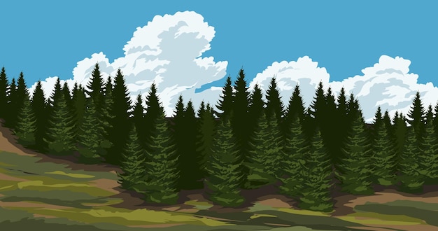 Vector paisaje de día soleado de pradera y bosque