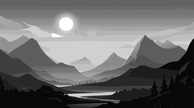 Vector paisaje dibujado a mano en blanco y negro