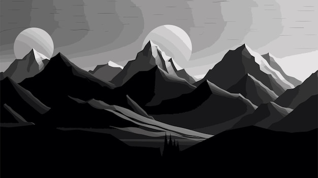 Vector paisaje dibujado a mano en blanco y negro