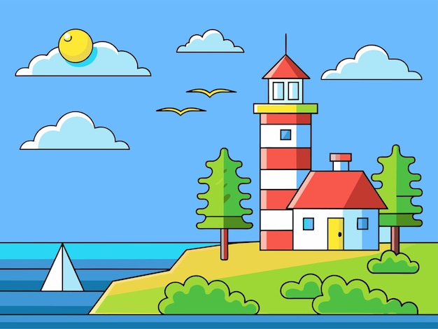 Vector paisaje dibujado a mano con ilustración vectorial de faro