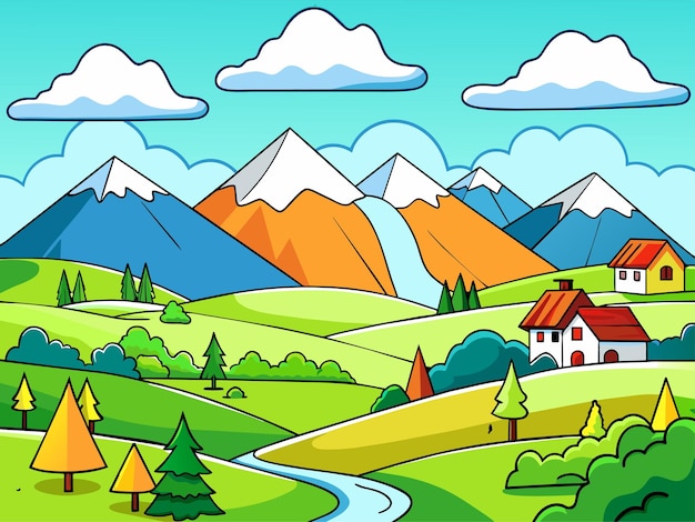 Paisaje dibujado a mano con ilustraciones vectoriales de montañas