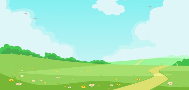 Paisaje de dibujos animados con colinas verdes e ilustración vectorial de cielo azul
