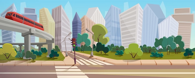 Paisaje de dibujos animados de cruce de ciudad urbana moderna