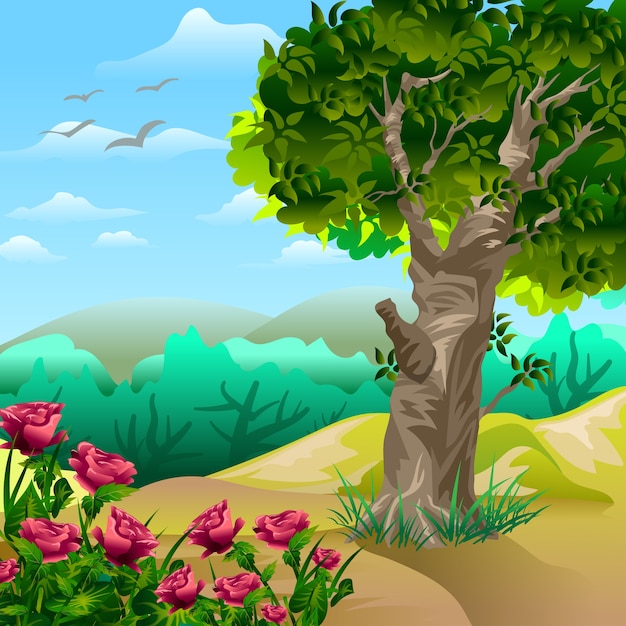 Paisaje de dibujos animados con flores