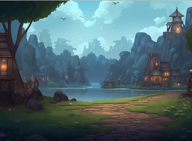 Paisaje de dibujos animados con un lago y un fondo de juego de castillo