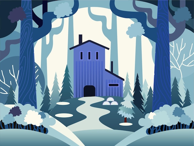 Paisaje de dibujos animados con un molino de madera en el bosque de invierno Diseño plano
