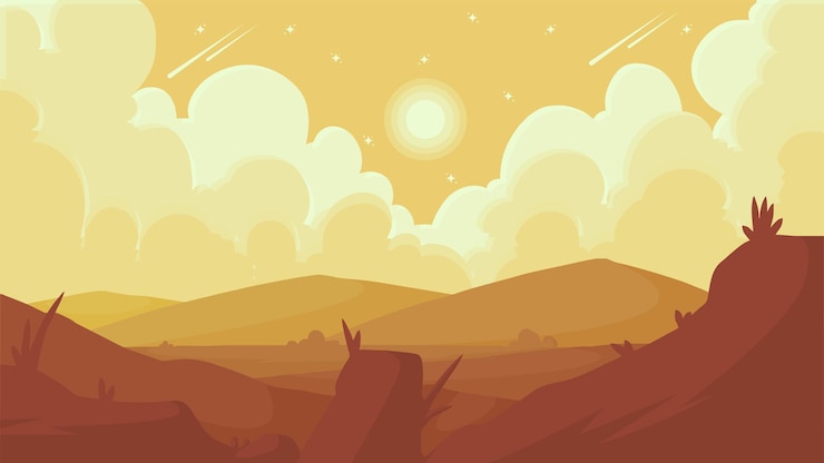 Vector un paisaje de dibujos animados con una puesta de sol y montañas al fondo.