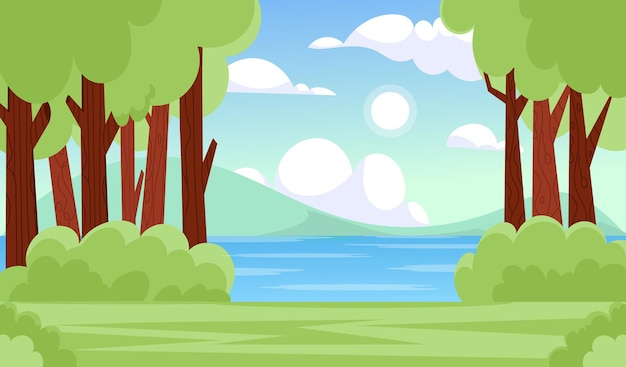 Un paisaje de dibujos animados con un río y un bosque.