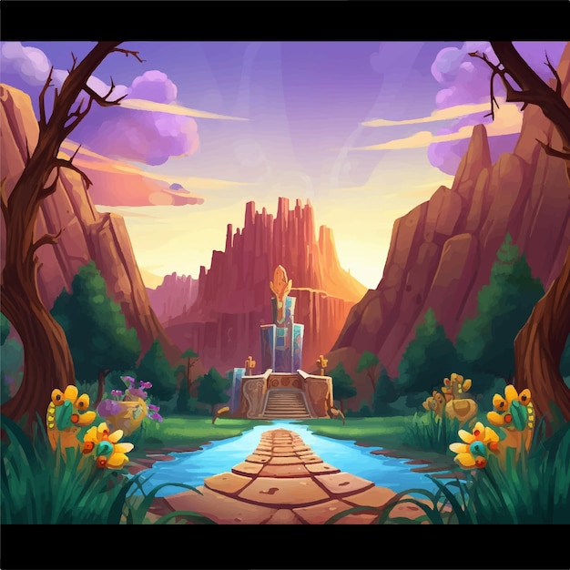 Vector un paisaje de dibujos animados con un río y un fondo de juego de montaña de castillo